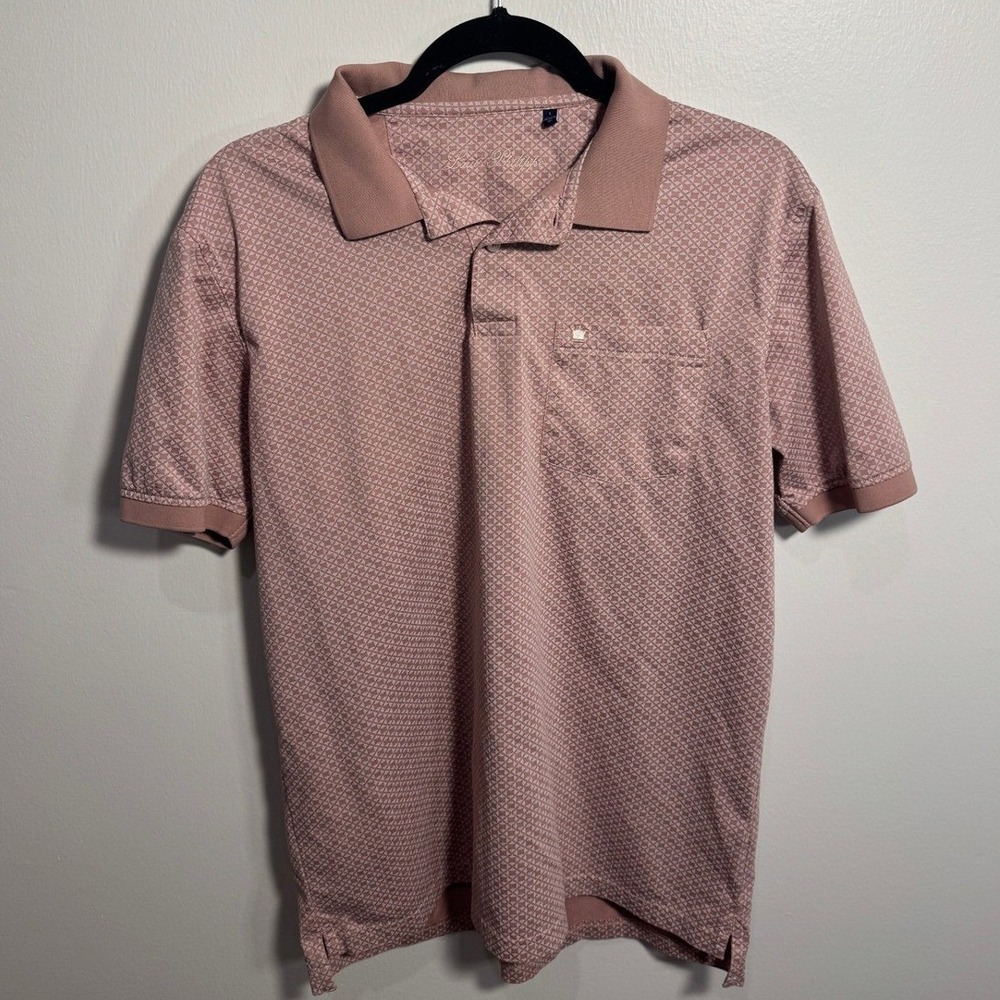 Louis Philippe Mens Large Polo Shirt Pink Geometric Print Short Sleeve Pocket L